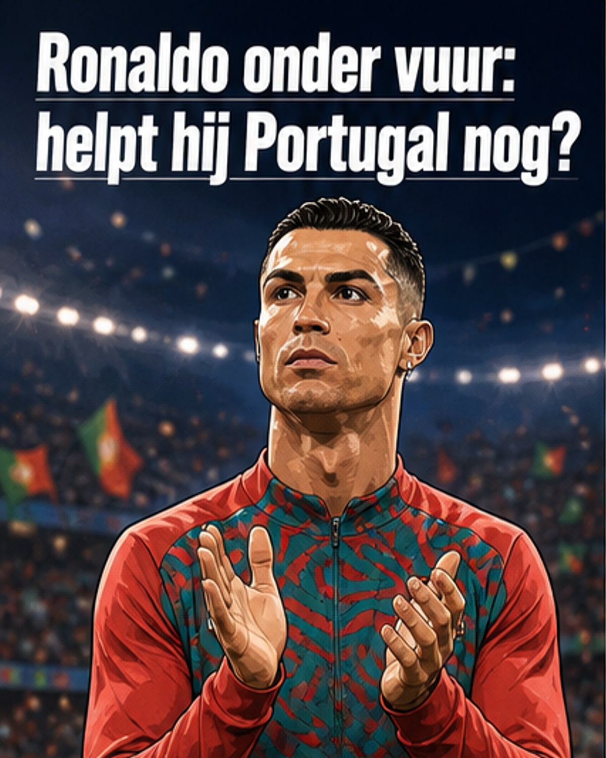 Illustratie van Cristiano Ronaldo op het veld, met een gedachtenballon waarin hij 'moet scoren' denkt, terwijl teamgenoten vrij staan.