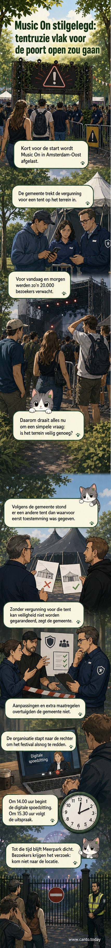 Illustratie van een afgebroken muziekfestival in Amsterdam met een afgesloten ingang en een grote tent met een verbodsteken erboven.