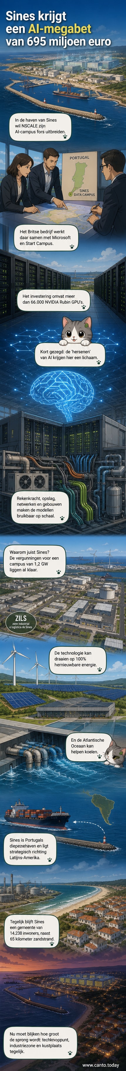 Een moderne datacentercampus aan de Atlantische kust, met zicht op zee en windturbines in de verte, symboliserend duurzame AI-infrastructuur in Sines, Portugal.
