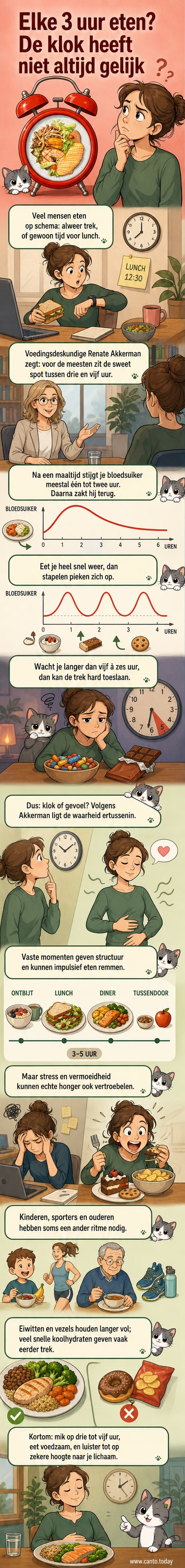 Illustratie van een klok met daaromheen maaltijden en snacks, waarbij de tijd tussen de maaltijden wordt benadrukt voor een stabiele bloedsuikerspiegel.