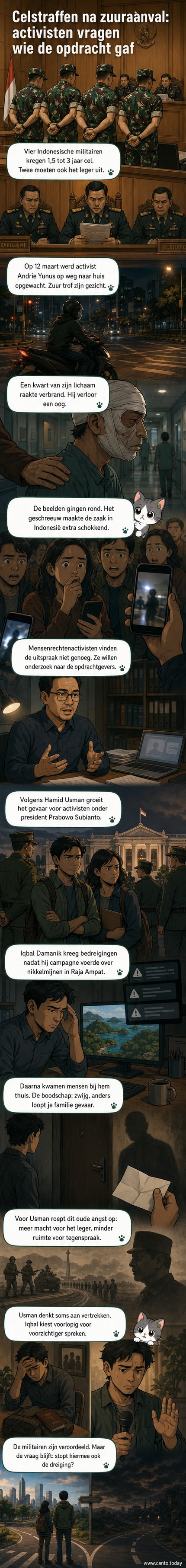 Een straat in Centraal Jakarta waar een activist werd aangevallen met zuur, met een beeld van de betrokken activist en militairen in proces.