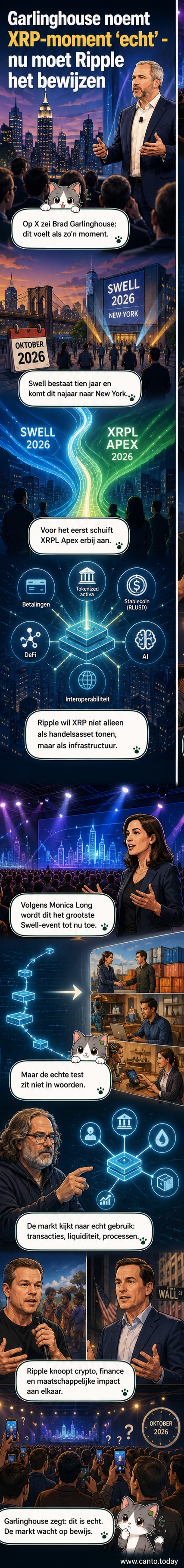Illustratie van een modern tech-event met blockchain-symbolen, sprekers op een groot podium en een wereldkaart met betalingsroutes.