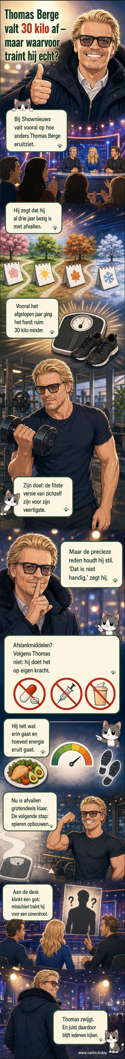 Thomas Berge met nieuw, fit uiterlijk na ruim 30 kilo afvallen, glimlachend in sportoutfit.