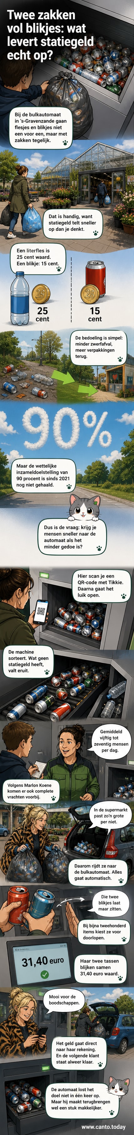 Een vrouw in een tijgerprintjas levert twee volle vuilniszakken met flesjes en blikjes in bij een bulkautomaat, terwijl een medewerker toekijkt.