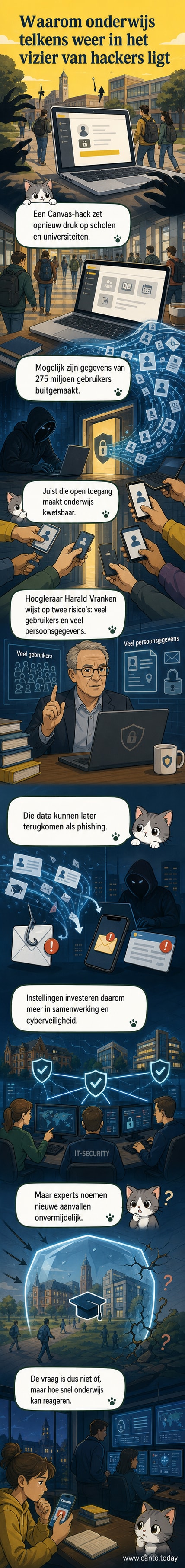 Illustratie van een digitale school met een slot dat breekt, terwijl hackers in de schaduw staan met gestolen gegevens