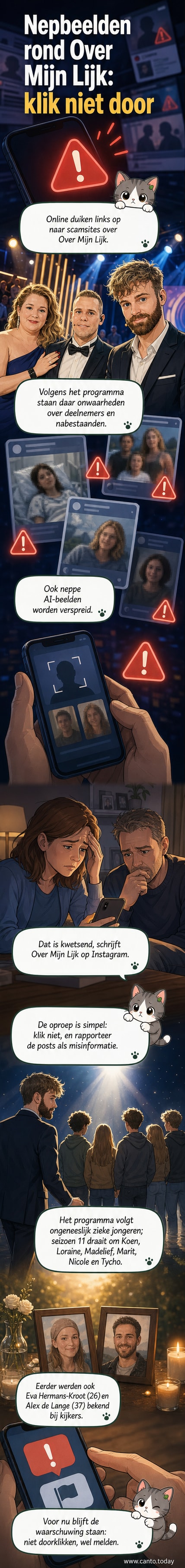 Illustratie van een telefoon met een waarschuwingsbalk, waarop een nepfoto van een bekende uit Over Mijn Lijk verschijnt naast een scamlink.