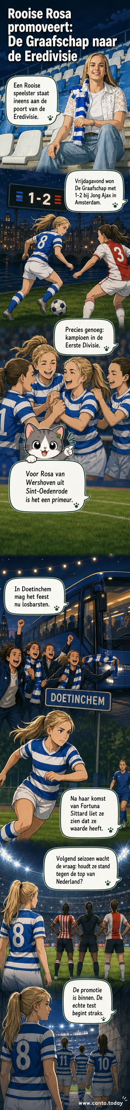 Voetbalvrouw in oranje-witte De Graafschap-tenue viert de promotie naar de Eredivisie met teamgenoten op het veld in Amsterdam.