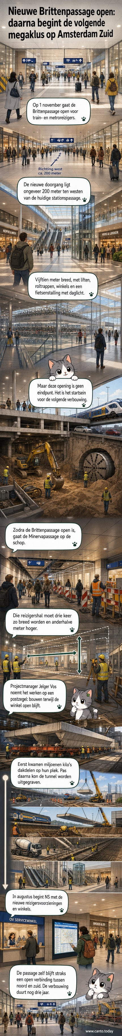 Illustratie van de nieuwe Brittenpassage bij station Amsterdam Zuid, met brede trappen, daglicht en fietsenstalling.