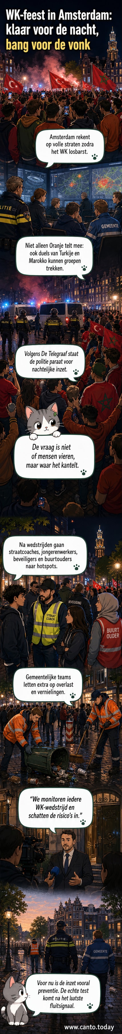 Illustratie van Amsterdamse straten met fans, politie en gemeentelijke medewerkers tijdens WK-vieringen.
