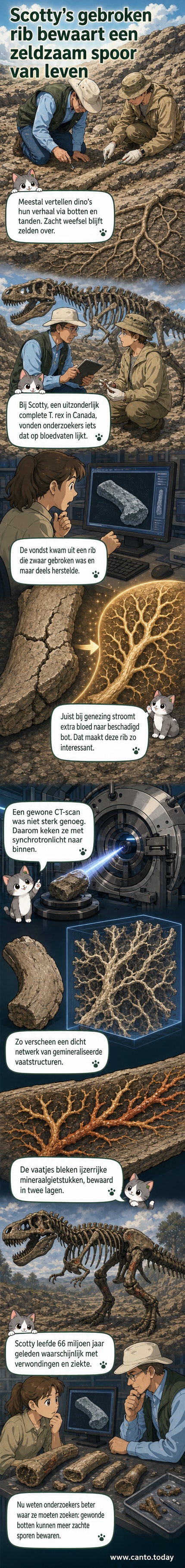 3D-reconstructie van gemineraliseerde bloedvaten in een versteende gebroken rib van een T. rex, getoond als een netwerk van dunne structuren binnen het bot.