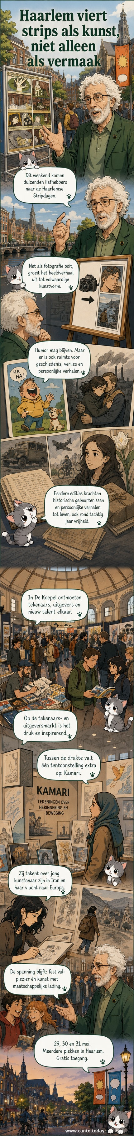 Bezoekers wandelen door een lichte, open tentoonstellingsruimte met wanden vol kleurrijke strips en tekeningen; in de achtergrond staat een bord met 'Haarlemse Stripdagen'.