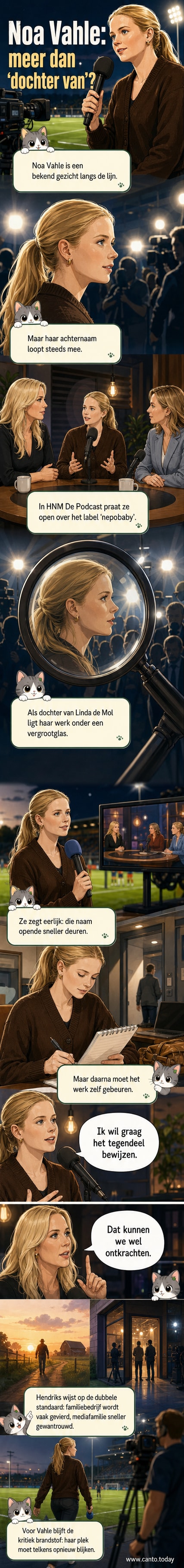 Illustratie van Noa Vahle in sportieve omgeving, met een label 'nepobaby' dat ze van zich afschudt, terwijl ze een microfoon vasthoudt langs een voetbalveld.