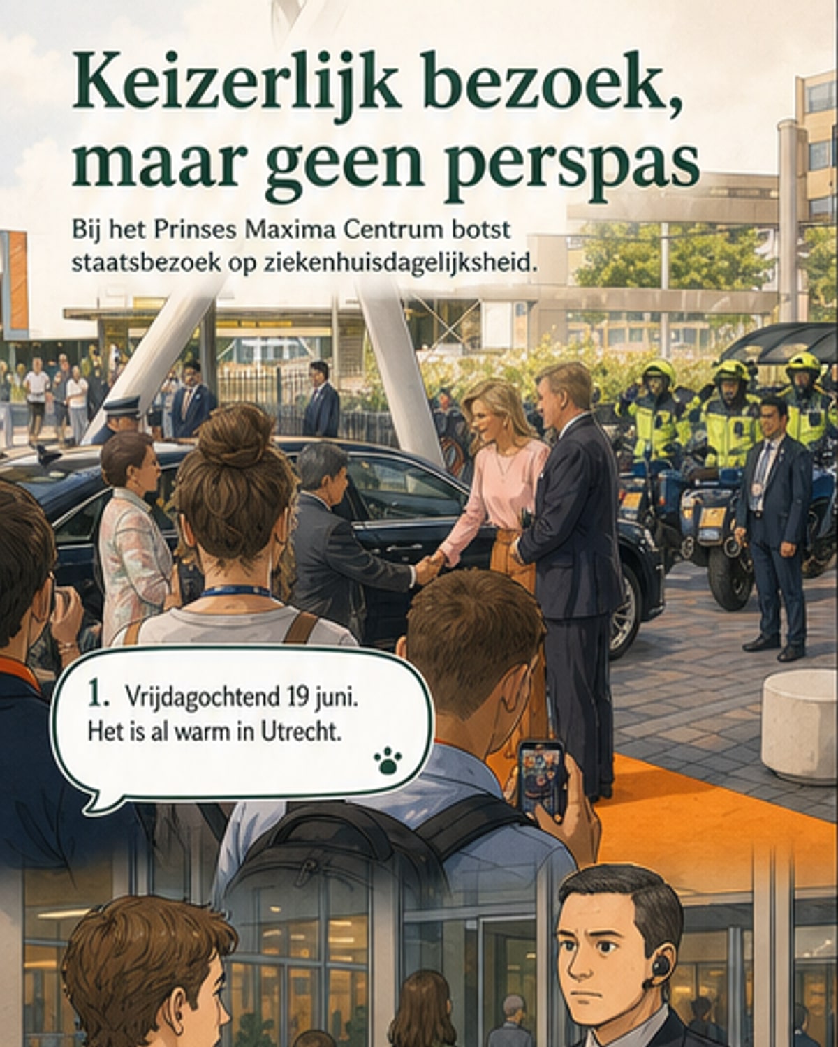 Het Nederlandse en Japanse koningspaar staan samen met directeuren van het Prinses Máxima Centrum op een oranje loper bij de ingang van het ziekenhuis.
