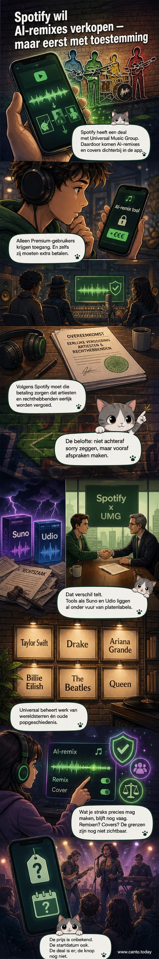 Een smartphone met de Spotify-app, waarop een muzieknote uit een AI-remix zweeft, met daarboven een kunstmatige intelligentie-icoon.
