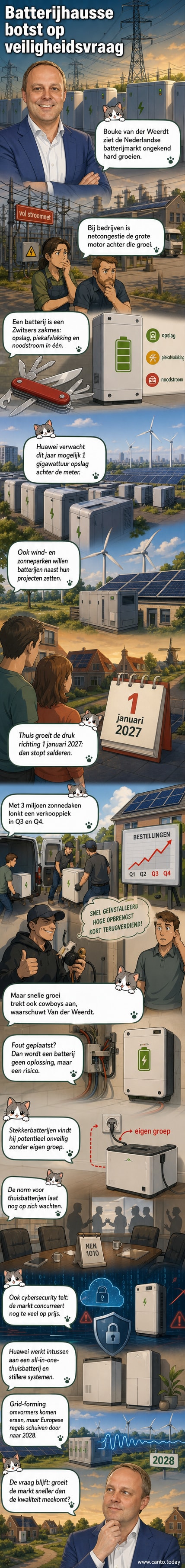 Illustratie van een Nederlandse woonwijk met huizen met zonnepanelen en thuisbatterijen, waar een monteur een stekkerbatterij aansluit terwijl een waarschuwingsbord 'veiligheid?' toont.