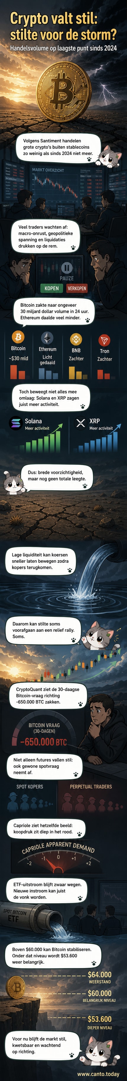 Een grafiek toont het dalende handelsvolume van Bitcoin, met een stiltepatroon rond een cruciale steunzone van $60.000.