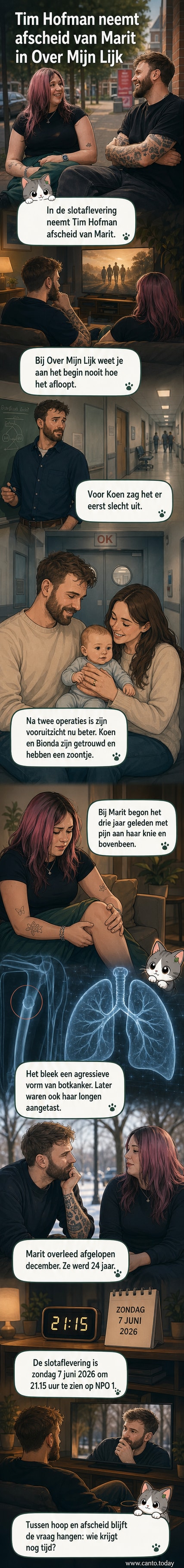 Presentator Tim Hofman kijkt ernstig in de camera, op de achtergrond een zachte foto van Marit tijdens haar behandeling.