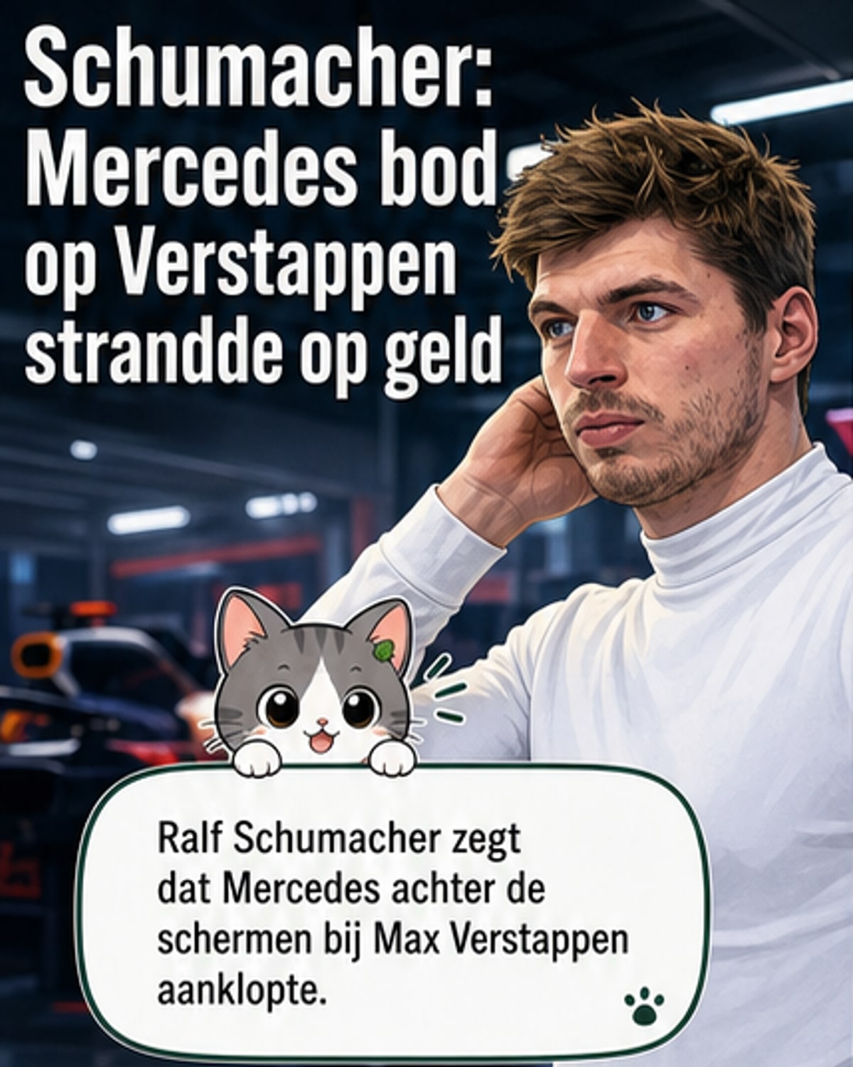 Illustratie van Max Verstappen in zijn Red Bull Formule 1-auto, met een schaduw van een Mercedes-pitbox op de achtergrond.