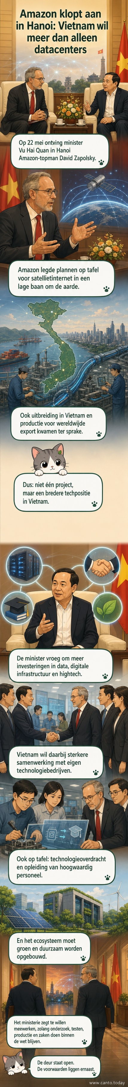 Illustratie van een Amazon-satelliet boven Vietnam, met een minister en bedrijfsleider tijdens een ontmoeting in Hanoi op de achtergrond.
