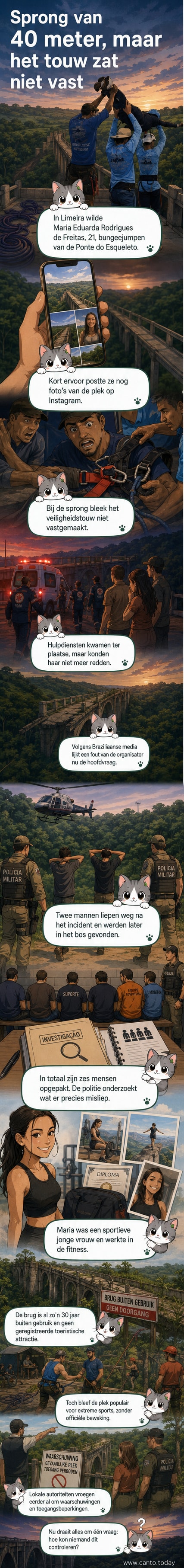 Een groep mensen tilt een vrouw op bij een verlaten brug, terwijl een veiligheidstouw ongebruikt op de grond ligt.
