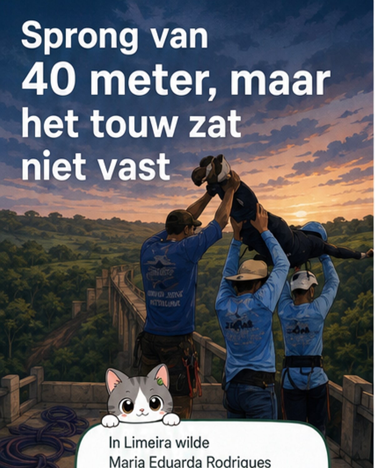 Een groep mensen tilt een vrouw op bij een verlaten brug, terwijl een veiligheidstouw ongebruikt op de grond ligt.