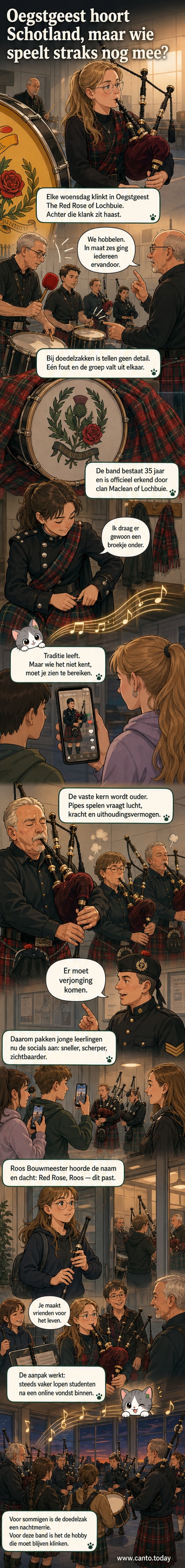 Een groep muzikanten in traditionele Schotse kledij repeteert met doedelzakken en drums in een zaal in Oegstgeest.