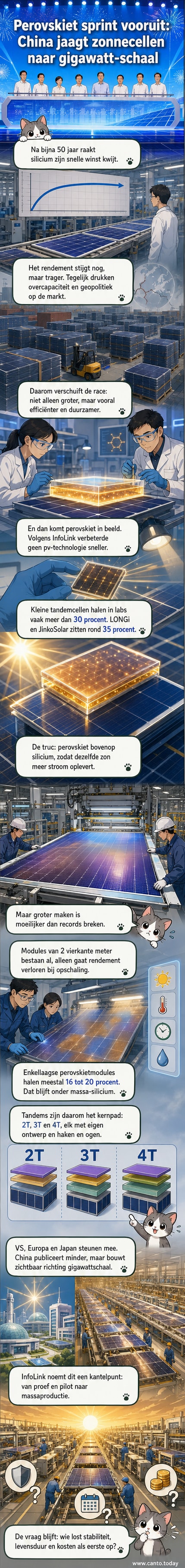 Illustratie van een moderne zonnepanelenfabriek met perovskiet-tandemcellen in productie, omgeven door grafieken van stijgende efficiëntie en wereldkaart met China als centrum van innovatie.
