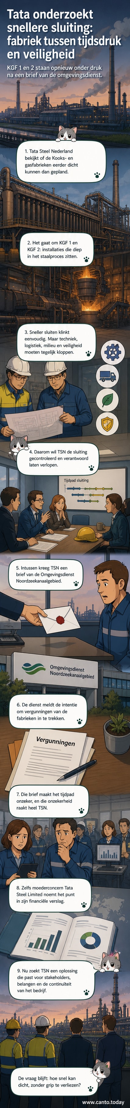 Industriële fabriekssite van Tata Steel in IJmuiden met rokende pijpen, symbolisch voor de transitie van oude installaties naar een duurzamere toekomst.