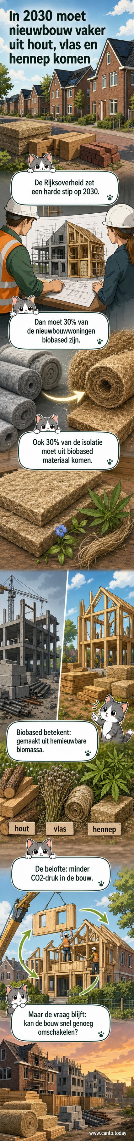 Een moderne nieuwbouwwoning met houten gevel, omgeven door velden met vlas en hennep, symbolisch voor biobased bouwen in Nederland.