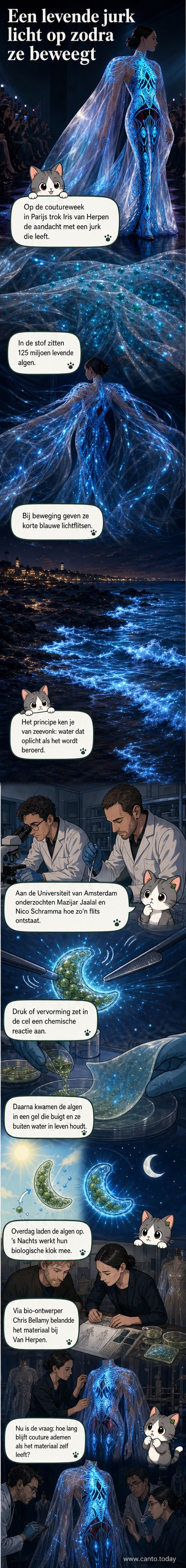 Een transparante, glanzende jurk gedragen op een catwalk, met een zachte blauwgroene gloed die lijkt te pulseren langs de vouwen van de stof.
