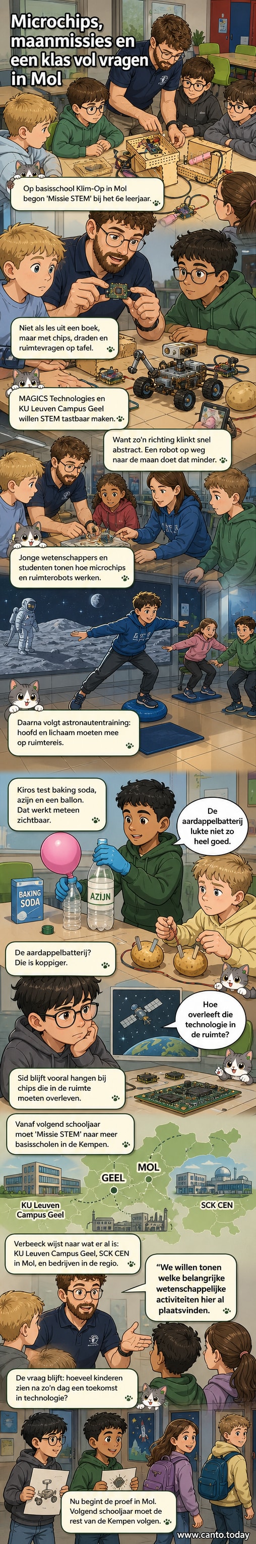 Kinderen in een klaslokaal voeren een experiment uit met een aardappelbatterij, terwijl een begeleider uitlegt hoe elektriciteit werkt.