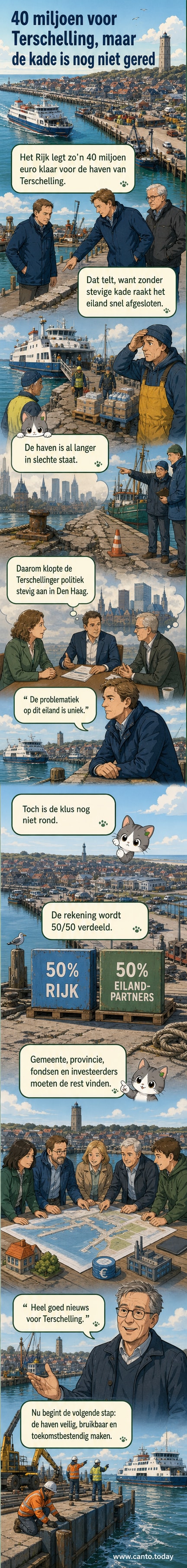 Minister Karremans op bezoek in de haven van Terschelling, met zicht op beschadigde kademuur en werkende havenpersoneel