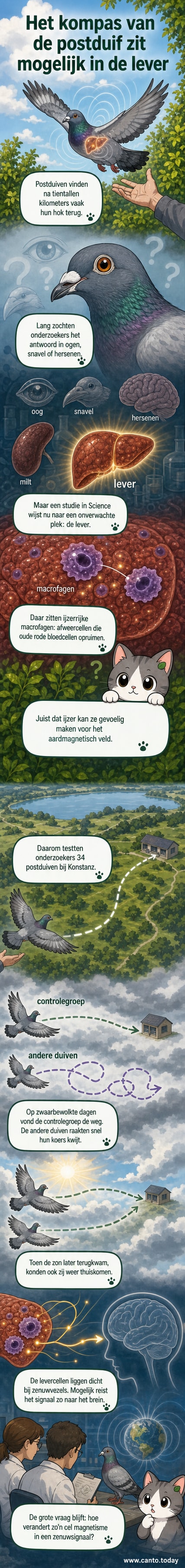 Illustratie van een postduif met een schematische weergave van magnetische signalen die vanuit de lever naar de hersenen gaan.