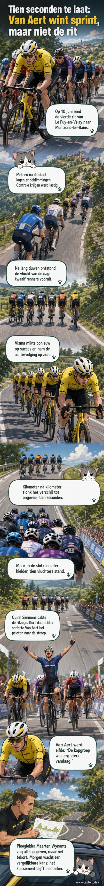 Wout van Aert sprintend in het peloton tijdens de vierde etappe van de Tour Auvergne-Rhône-Alpes, met achtergrond van heuvelachtige Franse landschap.
