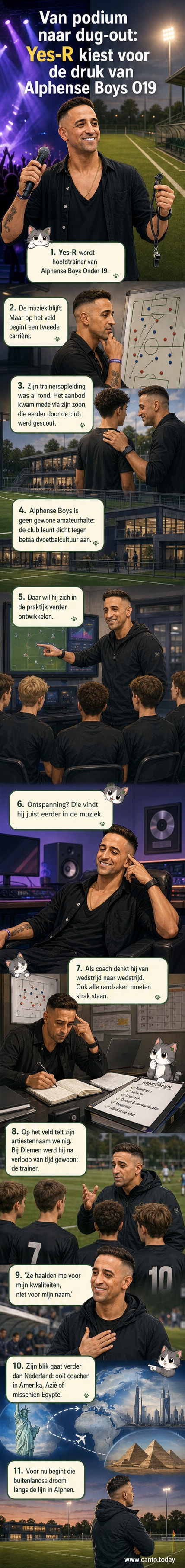 Rapper Yes-R in trainingsjack op de zijlijn van een voetbalveld, kijkt geconcentreerd naar de wedstrijd van Alphense Boys Onder 19.