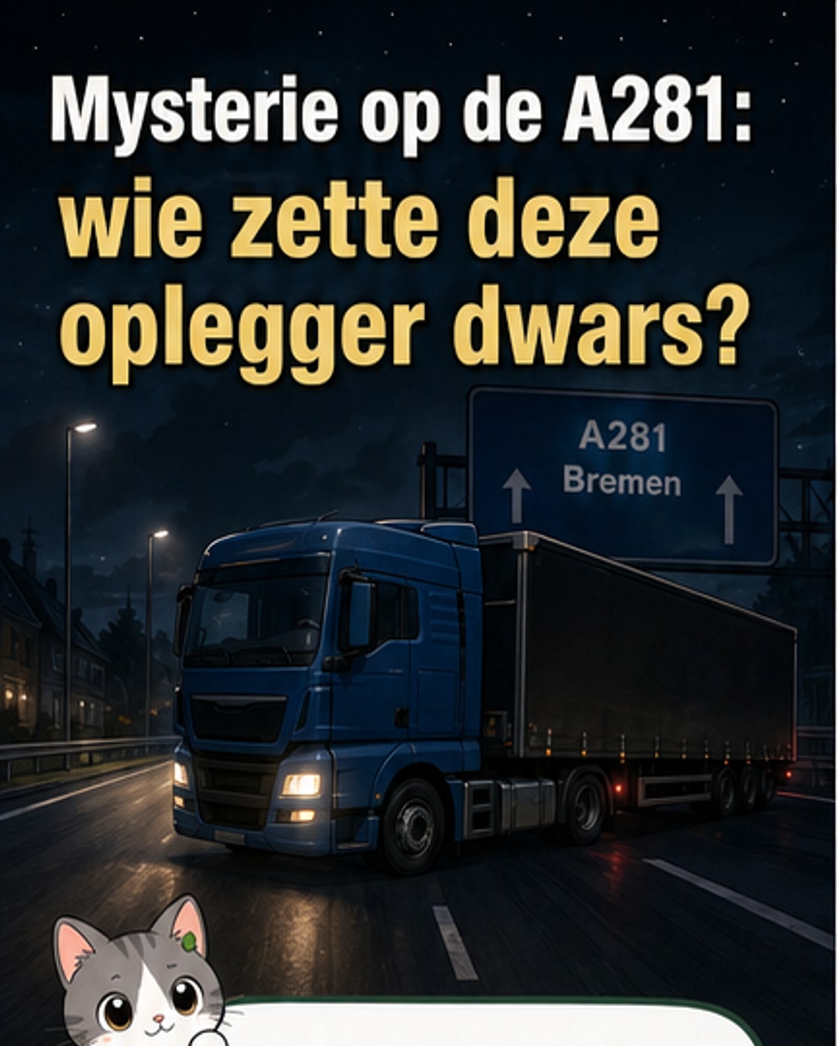 Foto van een zwarte oplegger dwars op de snelweg A281 in Duitsland, omgeven door politievoertuigen en onderzochte door agenten.