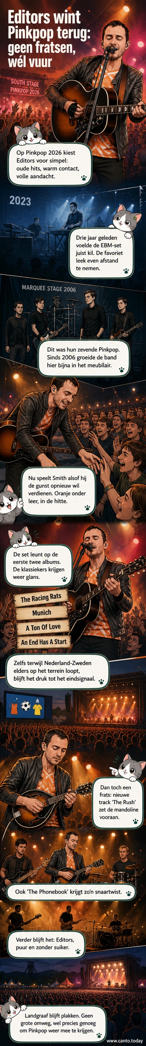 Tom Smith van Editors speelt op de South Stage van Pinkpop 2026, met een mandoline in beeld en een Oranje-shirt onder zijn leren jas.