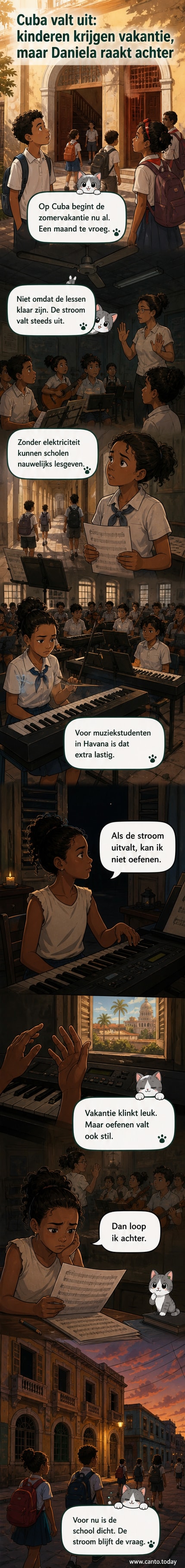 Illustratie van een schoolgebouw op Cuba met uitgevallen licht, kinderen buiten spelen terwijl een meisje verdrietig kijkt naar een elektronische piano binnen.