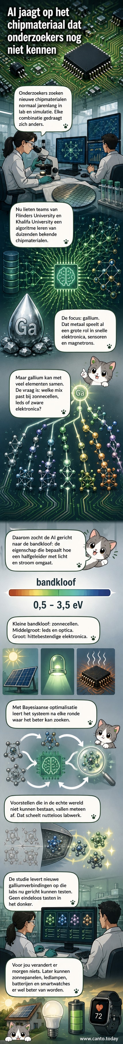 Een AI-interface die schematisch nieuwe galliumverbindingen genereert, met moleculaire structuren en energiebanden op een donkere achtergrond.