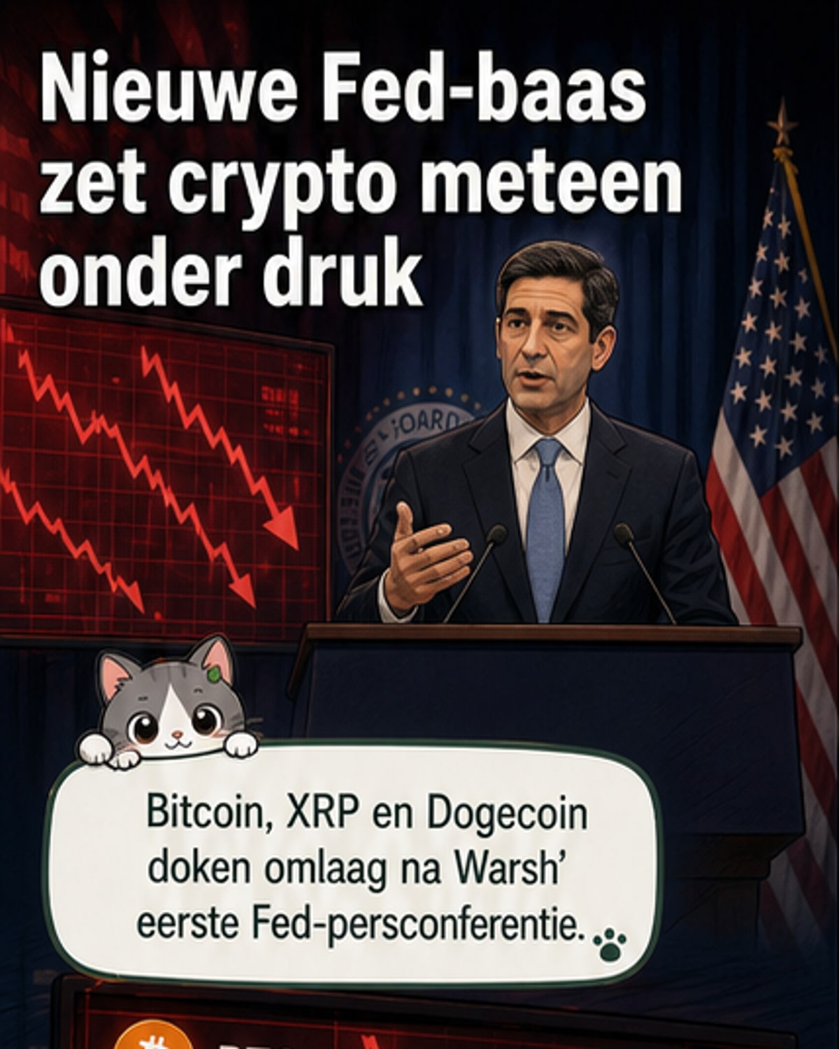 Een zakelijke man in een donker pak spreekt achter een microfoon met 'Federal Reserve' erop, terwijl grafieken met dalende cryptoprijzen op een scherm achter hem te zien zijn.