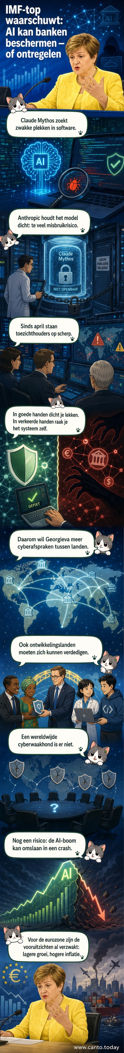 Illustratie van een AI-chip die een wereldwijde financiële netwerkstructuur bedreigt, met waarschuwingslichten en beveiligingsbarrières.