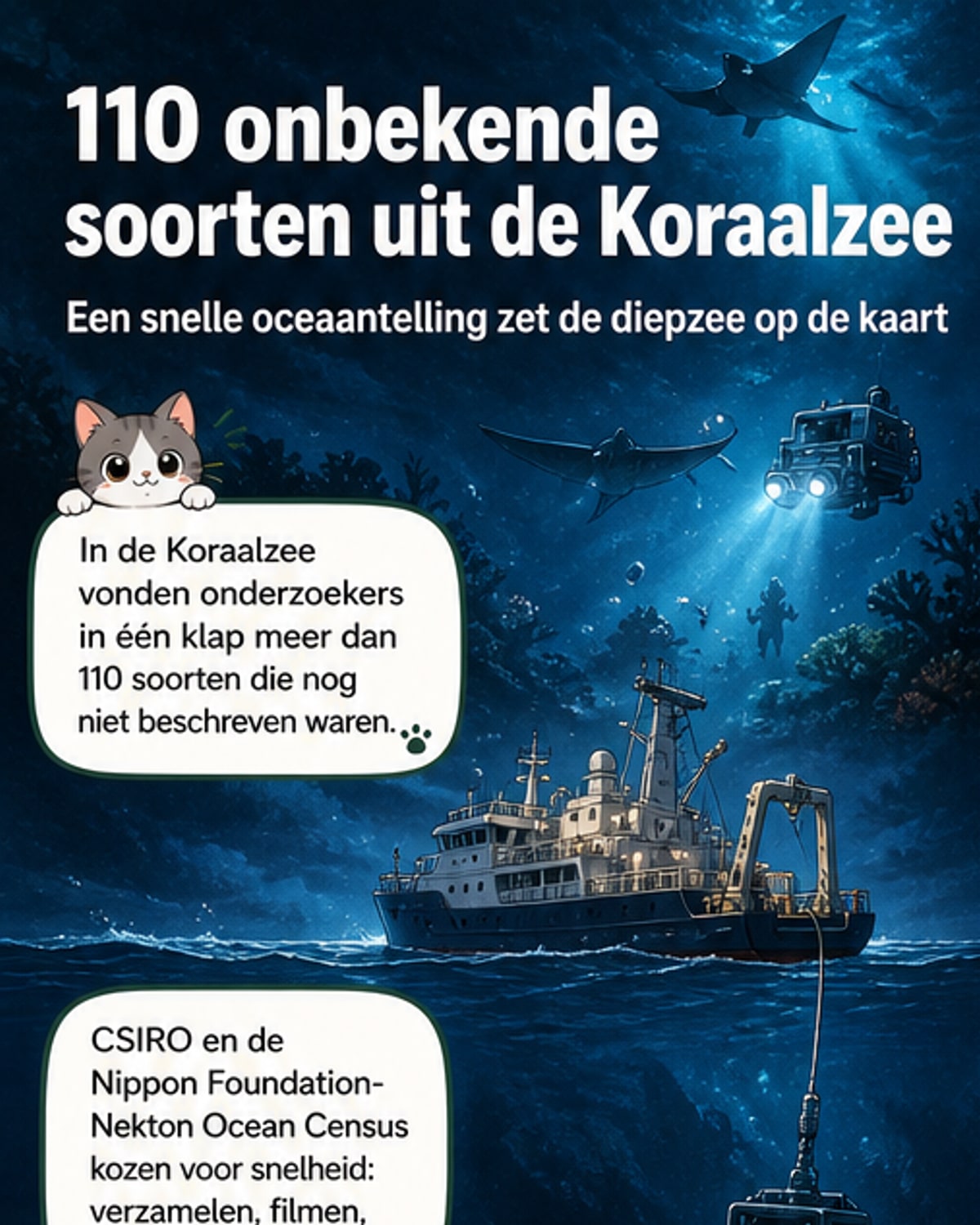 Illustratie van een diepzee-expeditie met onderzoekers die nieuwe zeedieren ontdekken, waaronder een zandtijgerhaai en vreemde sponzen in het donkerblauwe water van de Koraalzee.