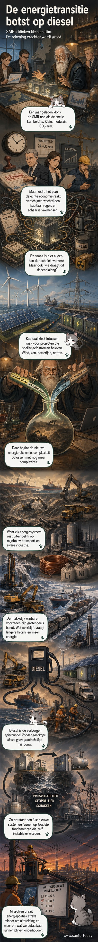 Een industriële graafmachine in een mijn, omgeven door rookpluimen en elektriciteitsmasten, met een subtiele dieselbrandstofpictogram in de hoek.