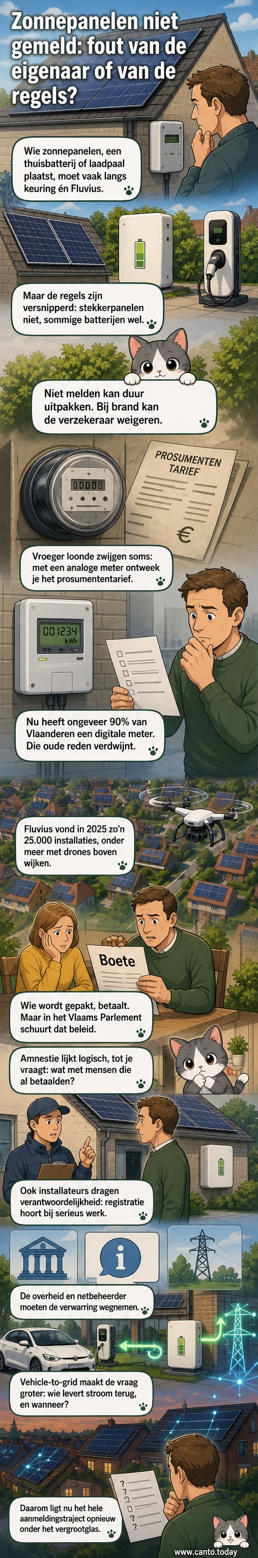 Een Nederlandse woonwijk met zonnepanelen op daken, met een drone in beeld die systemen scant voor registratiecontrole door Fluvius.