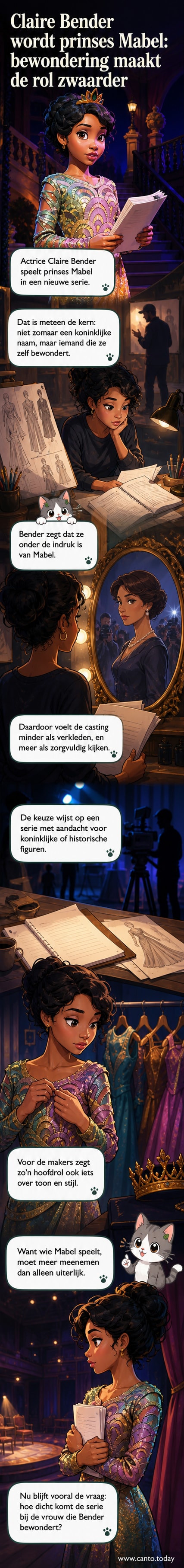 Illustratie van actrice Claire Bender in kostuumrol als prinses Mabel, met een subtiele kroon en klassieke achtergrond.