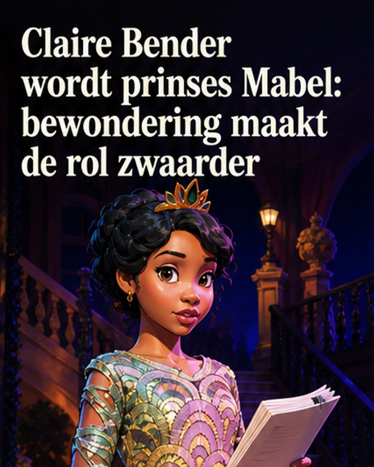 Illustratie van actrice Claire Bender in kostuumrol als prinses Mabel, met een subtiele kroon en klassieke achtergrond.