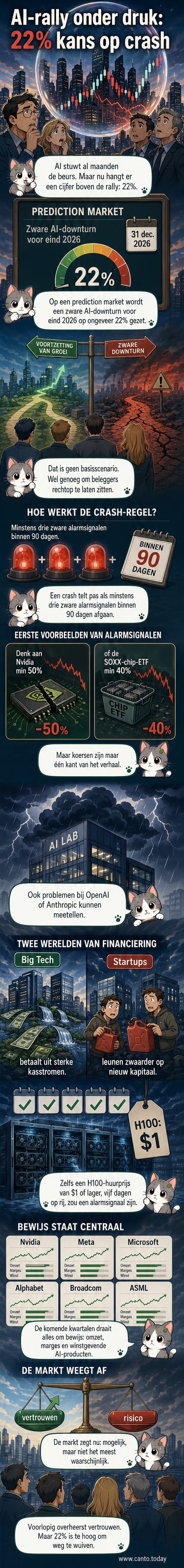 Een grafiek met dalende pijl voor Nvidia en een klok die tikt naar eind 2026, met daarboven '22%' in rode cijfers.