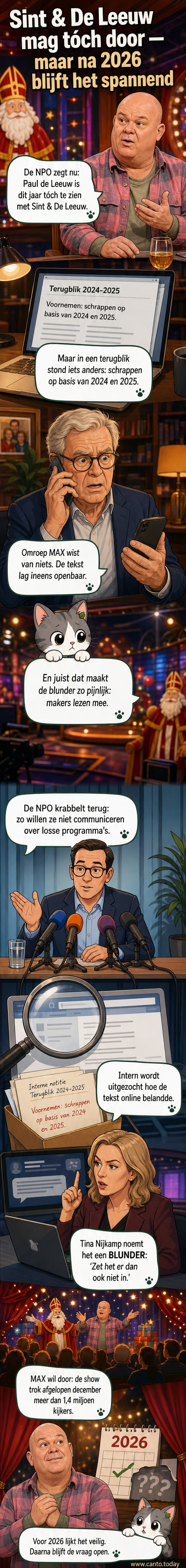Paul de Leeuw in Sint-kostuum met glimlach, achtergrond met pakjes en televisiebord met 'Sint & De Leeuw'.