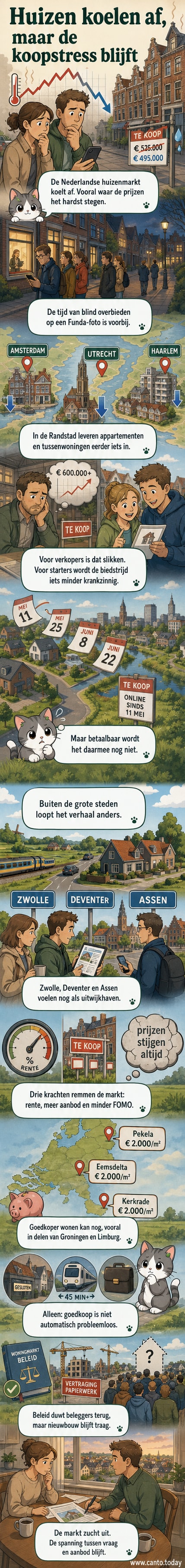 Een grafiek toont dalende huizenprijzen in de Randstad naast stijgende trends in Noord- en Oost-Nederland, met een huisicoon dat tussen de lijnen balanceert.