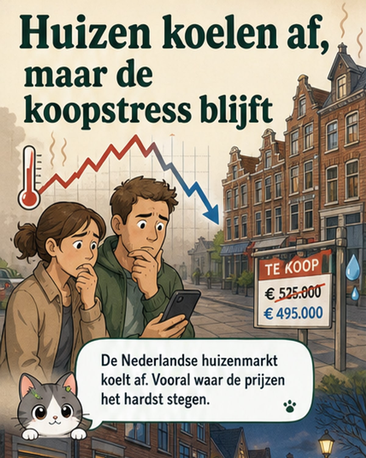 Een grafiek toont dalende huizenprijzen in de Randstad naast stijgende trends in Noord- en Oost-Nederland, met een huisicoon dat tussen de lijnen balanceert.